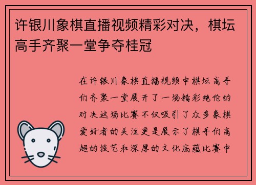 许银川象棋直播视频精彩对决，棋坛高手齐聚一堂争夺桂冠