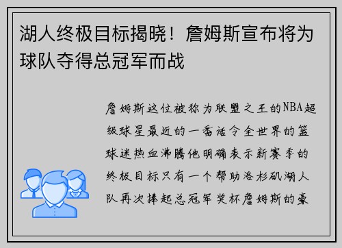 湖人终极目标揭晓！詹姆斯宣布将为球队夺得总冠军而战
